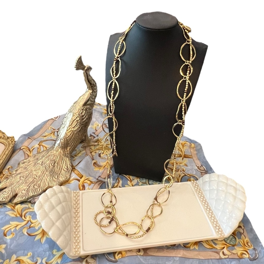 Signed COOKIE LEE Gold Tone Necklaces -2- Beaded And Oval 36”